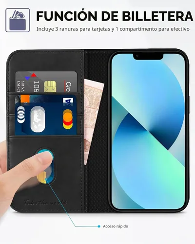 Vista 3 de TUCCH Funda tipo cartera para iPhone 13 5G, de piel sintética, con 3 ranuras para tarjetas, diseño de libro con soporte, funda interior de TPU a