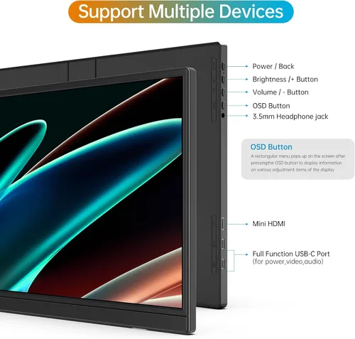 Vista 5 de MNN Monitor portátil de 14 pulgadas FHD 1920 * 1200P USB C HDMI Ultradelgado IPS para viajes con altavoces, HDR Plug&Play, monitor externo