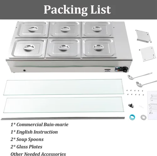 Vista 7 de LOYALHEARTDY Calentador de alimentos comercial, 110 V, 1200 W, calentador de alimentos Bain Marie, 6 sartenes x 1/3 GN grado alimenticio 201 acero