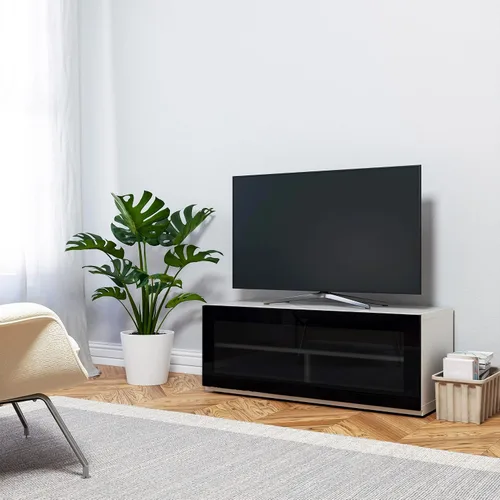 Vista 11 de SONOROUS ST-110 Soporte de TV premium con vidrio negro y cubierta de madera negra, centro de entretenimiento moderno y consola multimedia para sala