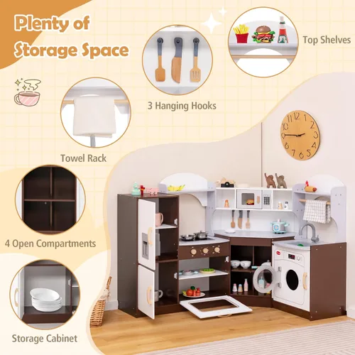 Vista 7 de Costzon Juego de cocina esquinera para niños, cocina de madera con sonidos y luces, lavadora, máquina de hielo, microondas, horno, fregadero