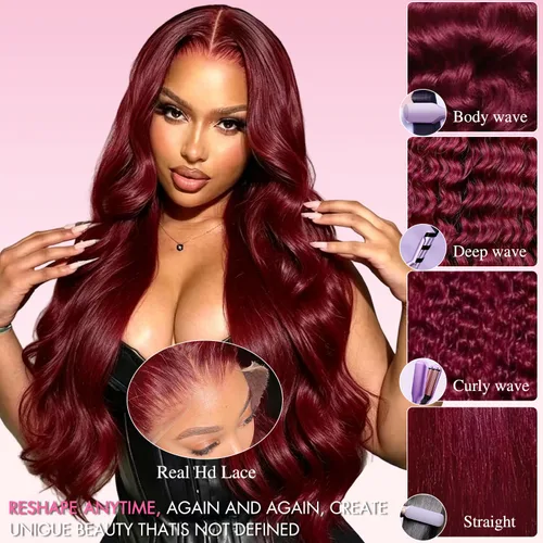 Vista 6 de Pelucas de cabello humano con encaje frontal HD color burdeos de 13 x 6 pulgadas, peluca de encaje frontal de 22 pulgadas, densidad del 180 % Borgoña