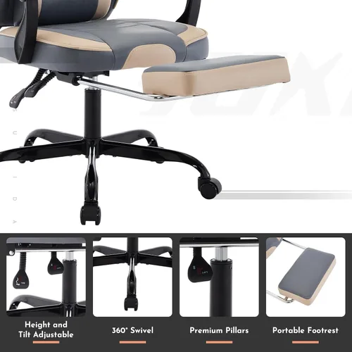 Vista 5 de Silla ergonómica de cuero para juegos con reposapiés, cómoda silla de juegos beige con cómodo reposacabezas y soporte lumbar para adultos, niños