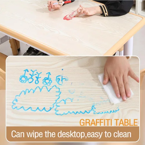 Vista 6 de Juego de mesa y sillas para niños, escritorio ajustable en altura con 6 asientos para edades de 2 a 10 años, mesa de arte y manualidades, escritorio