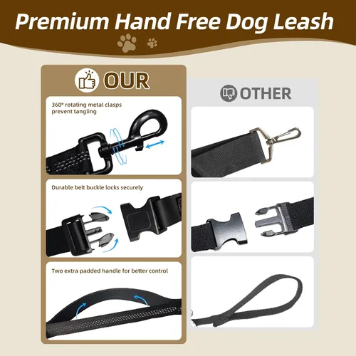 Vista 5 de Correa para perro manos libres con bolsa con cremallera, correa elástica reflectante retráctil de doble asa para perros pequeños y medianos, correr