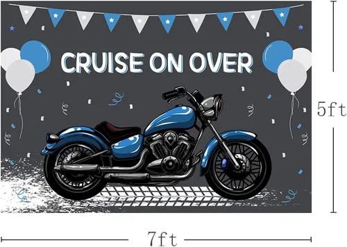 Vista 3 de MEHOFOND Telón de fondo de cumpleaños de motocicleta para niños, decoración de globos azules y blancos de carreras geniales para deportes extremos