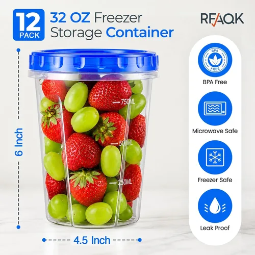 Vista 2 de RFAQK 24 recipientes de almacenamiento para congelador con tapas - 12 recipientes de plástico de 32 oz para delicatessen con 12 tapas de rosca