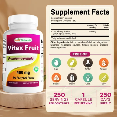 Vista 2 de Best Naturals Vitex Chasteberry 400 mg 250 Cápsulas