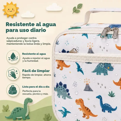 Vista 5 de LOIDOU Lonchera para niños y niñas, bolsa térmica con aislamiento térmico y reutilizable, para viajes escolares (dinosaurio)