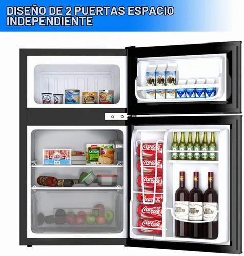Vista 2 de Mini refrigerador con congelador, refrigerador compacto de 3.2 pies cúbicos, refrigerador de doble puerta con temperatura ajustable y estantes