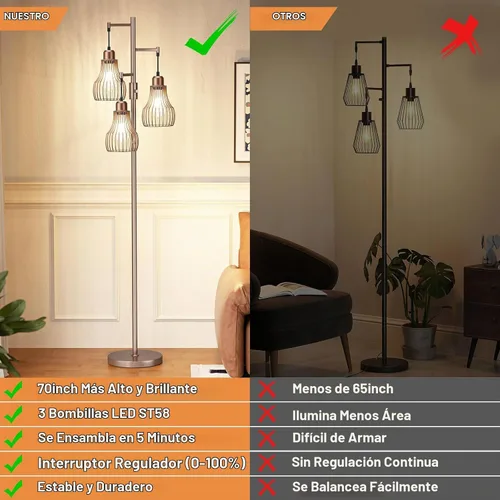 Vista 3 de Ziisee Lámparas de pie regulables para sala de estar, lámparas altas de pie industriales con forma de árbol con 3 elegantes pantallas de jaula