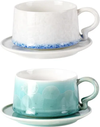 Vista 9 de Juego de 2 tazas de té y platillos KAMMAK, tazas de café de porcelana, 7.5oz tazas de expreso con esmalte cristalino, tazas de cerámica demitaza
