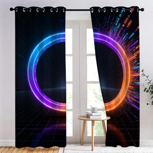 Vista 3 de Cyber Ring Curtains, Thermal Insulated Darkening Drapes For Sci-Fi Home Decor, Futuristic Neon Circle Digital Grid Scene Grommet Window Treatments