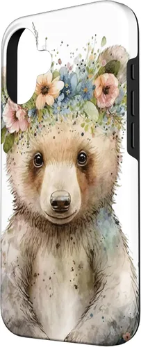 Vista 2 de iPhone 16 Brown Bear Boho Woodland Animal Floral Case
