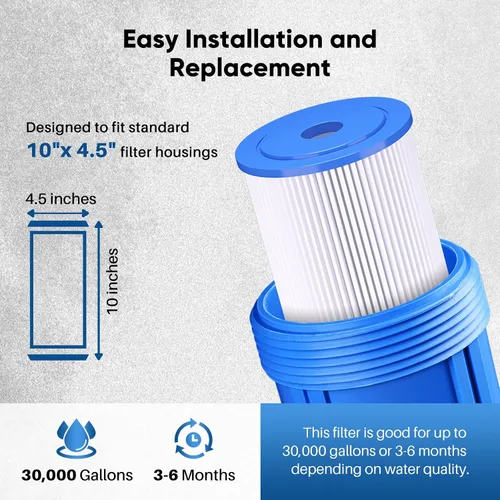 Vista 8 de PUREPLUS Filtro de sedimento plisado para toda la casa de 1 micrón de 10 x 4.5 pulgadas para agua de pozo, cartucho de repuesto para GE FXHSC