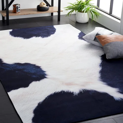 Vista 8 de SAFAVIEH Alfombra lavable de piel sintética, alfombra de pasillo de 2 pies 6 pulgadas x 6 pies, color marfil y azul oscuro, antideslizante