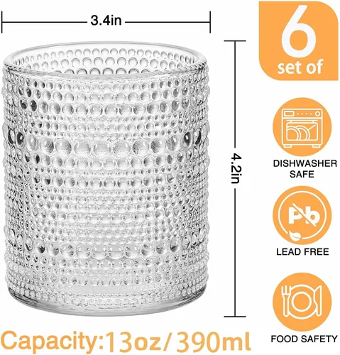 Vista 2 de cosnou Juego de cristalería de 6, 13 onzas/390ml Cristalería de cocina Hobnail, vidrio vintage en relieve para agua, cóctel, soda, bebidas, jugo