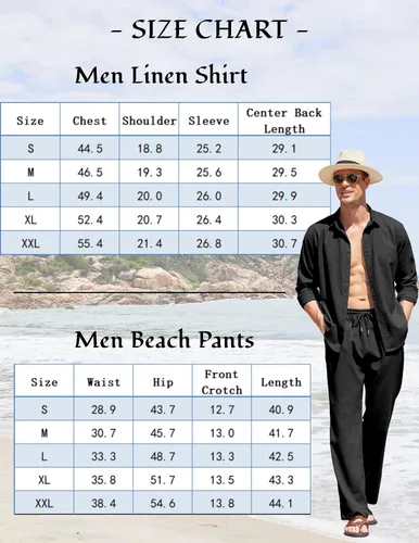 Vista 5 de COOFANDY Conjunto de 2 piezas de lino para hombre, camisa de manga larga con botones y pantalones sueltos, conjuntos de vacaciones en la playa