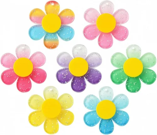 Vista 14 de Ipotkitt 100 dijes acrílicos de flores coloridas en forma de flor de primavera, dijes florales de plantas y hojas con adornos de latón