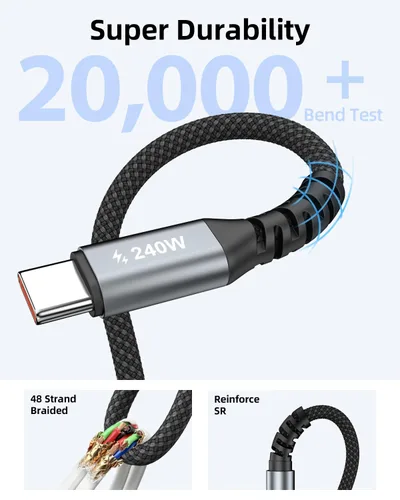 Vista 5 de Cable USB C a USB C, cable de carga rápida USB C a C de 240 W