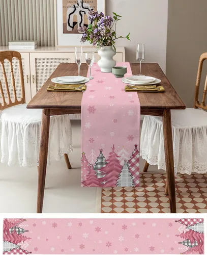 Vista 3 de Blush Pink Cotton Linen Small Table Runner 13 x 36 inch Non-Slip Rectangular Dining Table Decor for Wedding Party Holiday Dinner Christmas Pine Tree