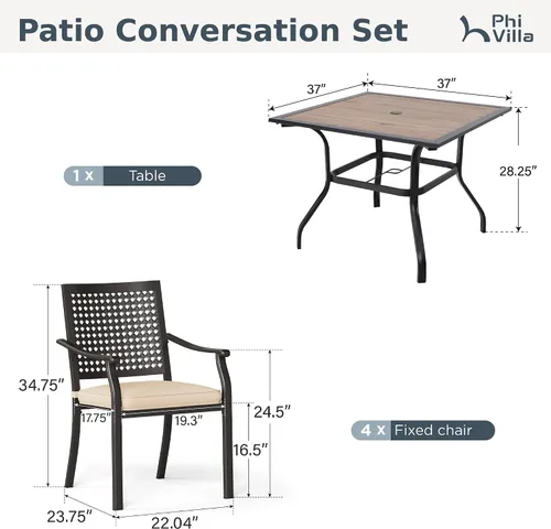 Vista 9 de PHI VILLA Juego de comedor al aire libre de 5 piezas para 4, sillas apilables con cojines y mesa cuadrada de madera de 37 pulgadas con agujero