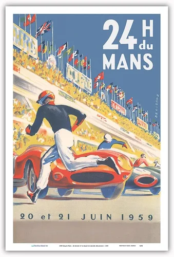 Vista 11 de 1959 Grand Prix - 24 horas de Le Mans Francia - Carreras de resistencia - Póster de carreras de coches vintage por Michel Bélignod c.1959