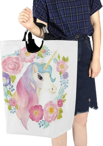 Vista 7 de senya Cesta grande de almacenamiento plegable, organizador para ropa sucia para guardería, juguetes, cabeza de unicornio en flores
