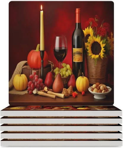 Vista 50 de 4 posavasos de vino tinto, cuadrados y modernos posavasos absorbentes de cerámica, estilo de pintura al óleo, vintage, vino tinto, uvas, rosa