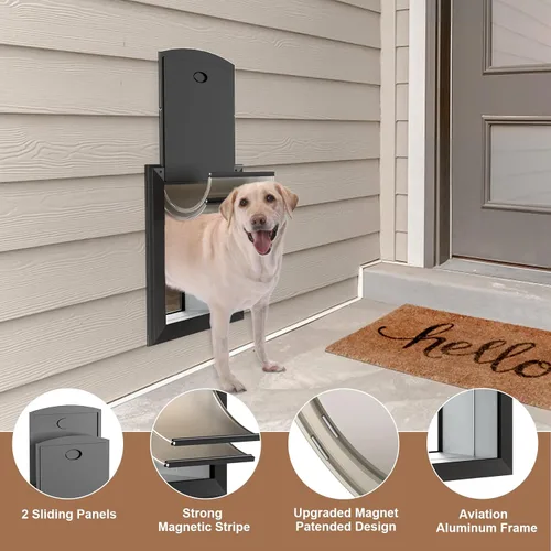 Vista 2 de Puerta extra grande para perro para pared, puerta resistente para perros con marco de aluminio y túnel telescópico, dos solapas magnéticas y dos
