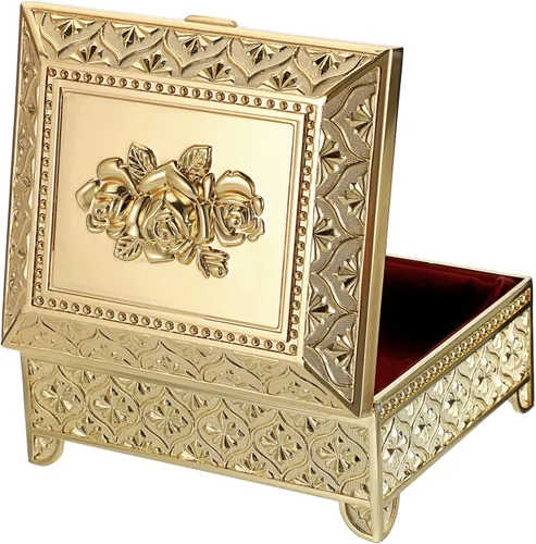 Vista 4 de Hipiwe Caja de joyería de metal vintage, caja de almacenamiento de baratijas, caja rectangular para cofre del tesoro, aretes, anillo, collar