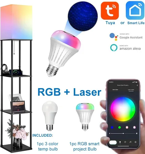 Vista 3 de Lámpara de pie LED con estantes y salidas AC/USB, bombilla inteligente Galaxy Star, proyector que cambia de color y luces controladas por