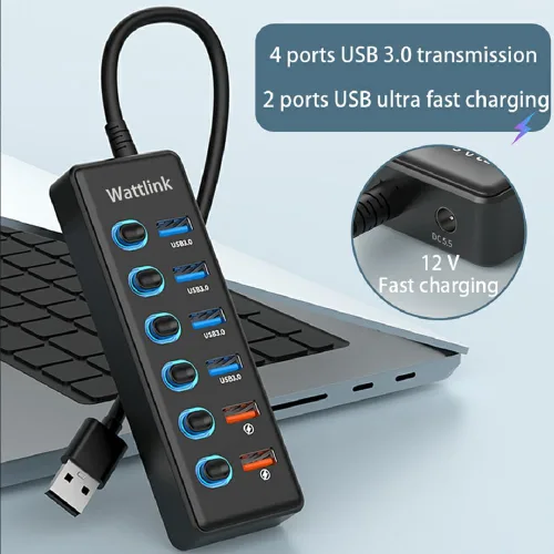 Vista 3 de Hub USB 3.0 alimentado, divisor de concentrador de 6 puertos con adaptador de corriente, 4 puertos de datos + 2 puertos de carga rápida QC 3.0