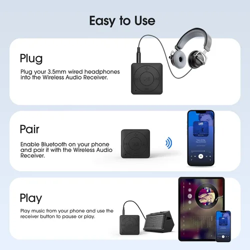 Vista 7 de MIPEACE Adaptador Bluetooth para auriculares, receptor Bluetooth auxiliar de 0.138 in con Bluetooth 5.3, llamadas manos libres, micrófono integrado