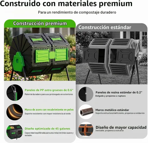 Vista 2 de Vaso de compost, fácil de montar y eficiente, contenedor de compost para exteriores, 45 galones/170 litros, compostador giratorio de doble cámara