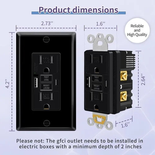 Vista 6 de Toma GFCI negra de 15 amperios con puertos USB C y USB-A, 1 unidad de 24 W de autotprueba GFCI USB Combo con indicador LED, resistente a