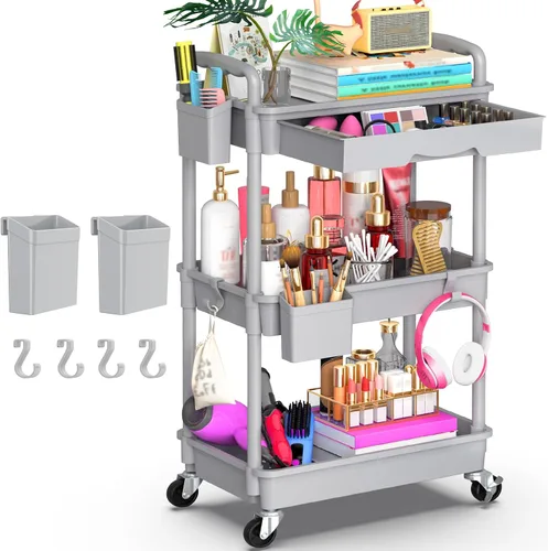 Vista 14 de Goovilla Organizador de carrito utilitario de 3 niveles con cajón extraíble, carritos de almacenamiento rodantes negros estables y resistentes con 2