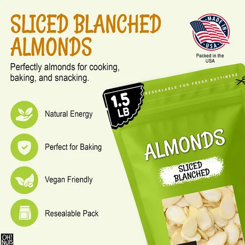 Vista 5 de Oh! Nuts - Almendras crudas en rodajas de 1.5 libras, sin sal, calidad premium Raw almonds sliced - Blanched almond slivers, unsalted almonds