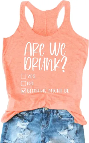 Vista 6 de Camiseta sin mangas con espalda cruzada para mujer, con texto en inglés "Am I Drunk", con texto en inglés "Am I Drunk" Azul