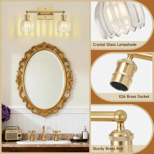 Vista 6 de Lámparas de baño vintage, 2 luces rústicas de tocador para baño, pasillo, luces de tocador de latón de 16.5 pulgadas, lámparas de tulipán
