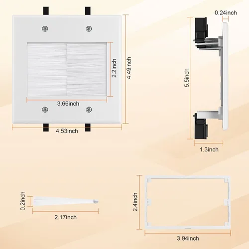 Vista 3 de Kit de organización de cables de pared con placa de pared de cepillo, salidas de CA y puertos USB, cable de 9 pies, toma de pared empotrada