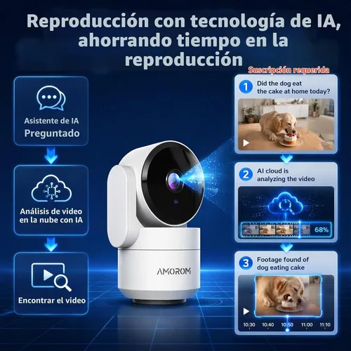Vista 8 de AMOROM Cámara de seguridad para interiores 360° con panorámica/inclinación, monitor para mascotas, perros y bebés, visión nocturna HD 1080P