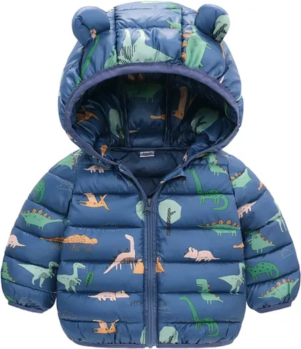 Vista 2 de TBUIALL Abrigo acolchado para niños, abrigo para niñas, resistente al viento, chaqueta con capucha cálida con estampado de dinosaurios, para niñas