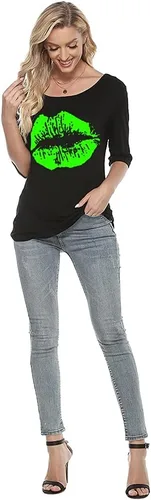 Vista 6 de MAGICMK Camiseta casual de talla grande con estampado de labios y hombros descubiertos para mujer