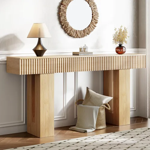 Vista 12 de Mesa de entrada de 60 pulgadas de largo con toma de corriente integrada y luz RGB controlada por aplicación y botón, mesa consola de madera gruesa