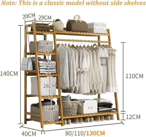 Vista 3 de Bamboo Coat Rack with Storage Rack,Freestanding Clothes Rack with Storage Bag,Wood Closet Shelf with Hanging Rod,Clothes Storage Organizer