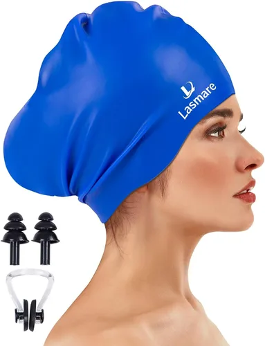 Vista 16 de Large Long Hair Swim Cap with Extra Room for Women Men, Silicone Swimming Cap for Long Thick Hair with Ear Plugs Nose Clip Set, Adult Waterproof