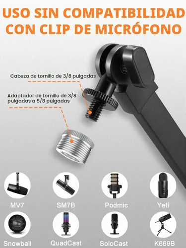 Vista 3 de Soporte de micrófono con brazo de brazo, soporte de brazo de tijera de suspensión ajustable con soporte de clip de micrófono y abrazadera resistente
