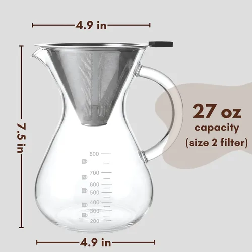 Vista 2 de Cafetera vertida, jarra de vidrio de borosilicato de 27 onzas (27.1 fl oz), filtro de acero inoxidable reutilizable, gotero sin papel
