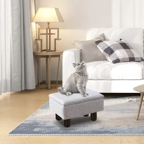 Vista 2 de Cpintltr Taburete de lino pequeño otomano rectangular para pies tapizado con patas de madera maciza, taburetes decorativos modernos, color gris